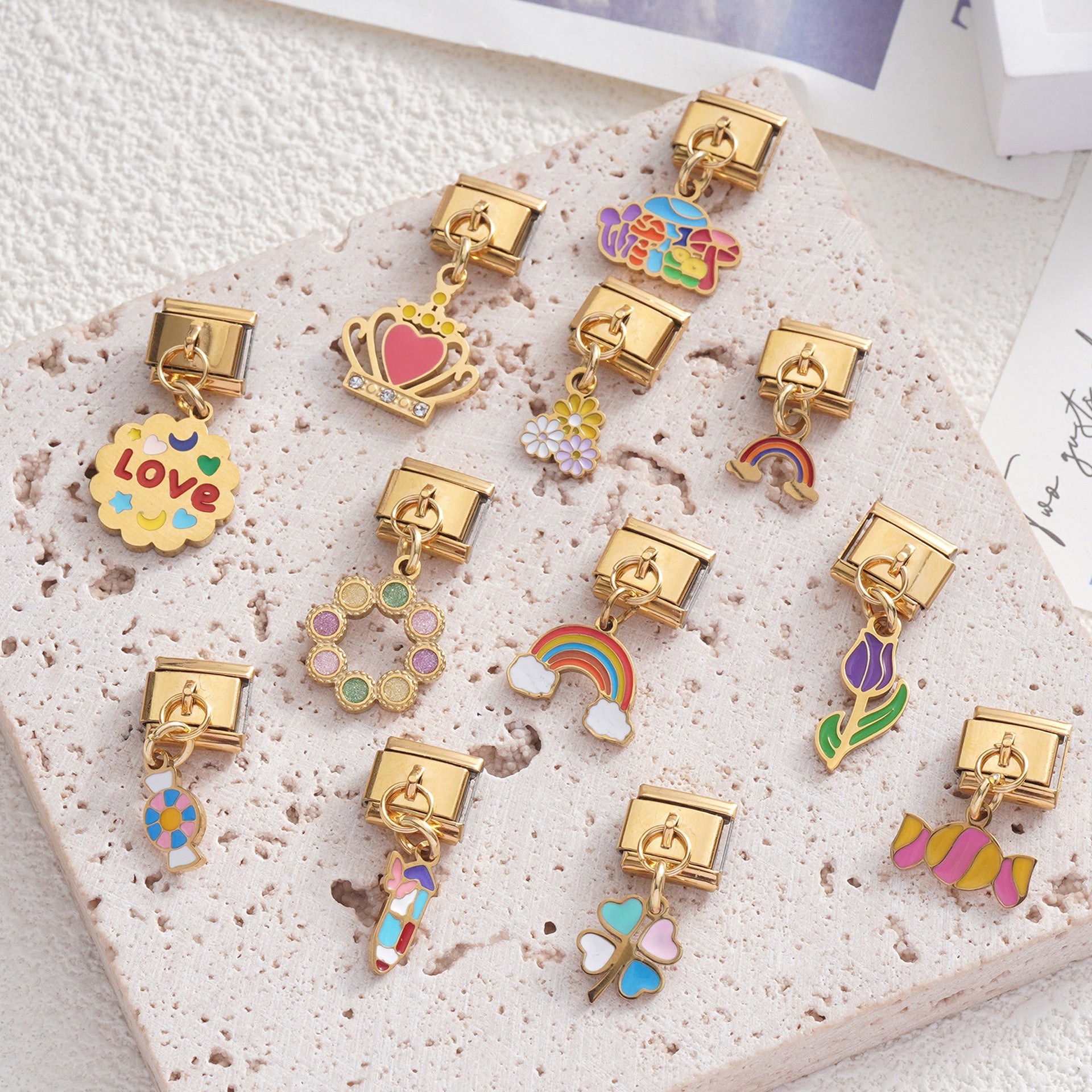 Wholesale Italian Charm Bracelet 9mm DIY Splicing Rainbow Flower Candy Stainless Steel Composable Bracelet