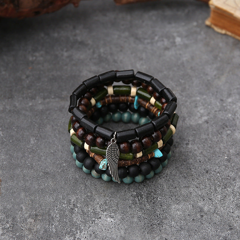 Wholesale Vintage handmade beaded men' s bracelet set adorned with turquoise beads