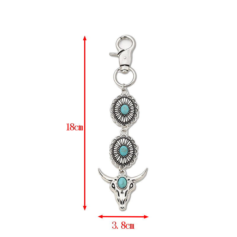 Wholesale Alloy Inlaid Turquoise Bull Head Keychain Retro Fashion Bag Charm Car Key Accessory