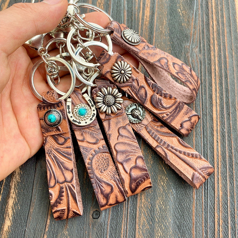 Wholesale Western Vintage Leather Keychain With Turquoise Accent Car Key Accessory And Gift