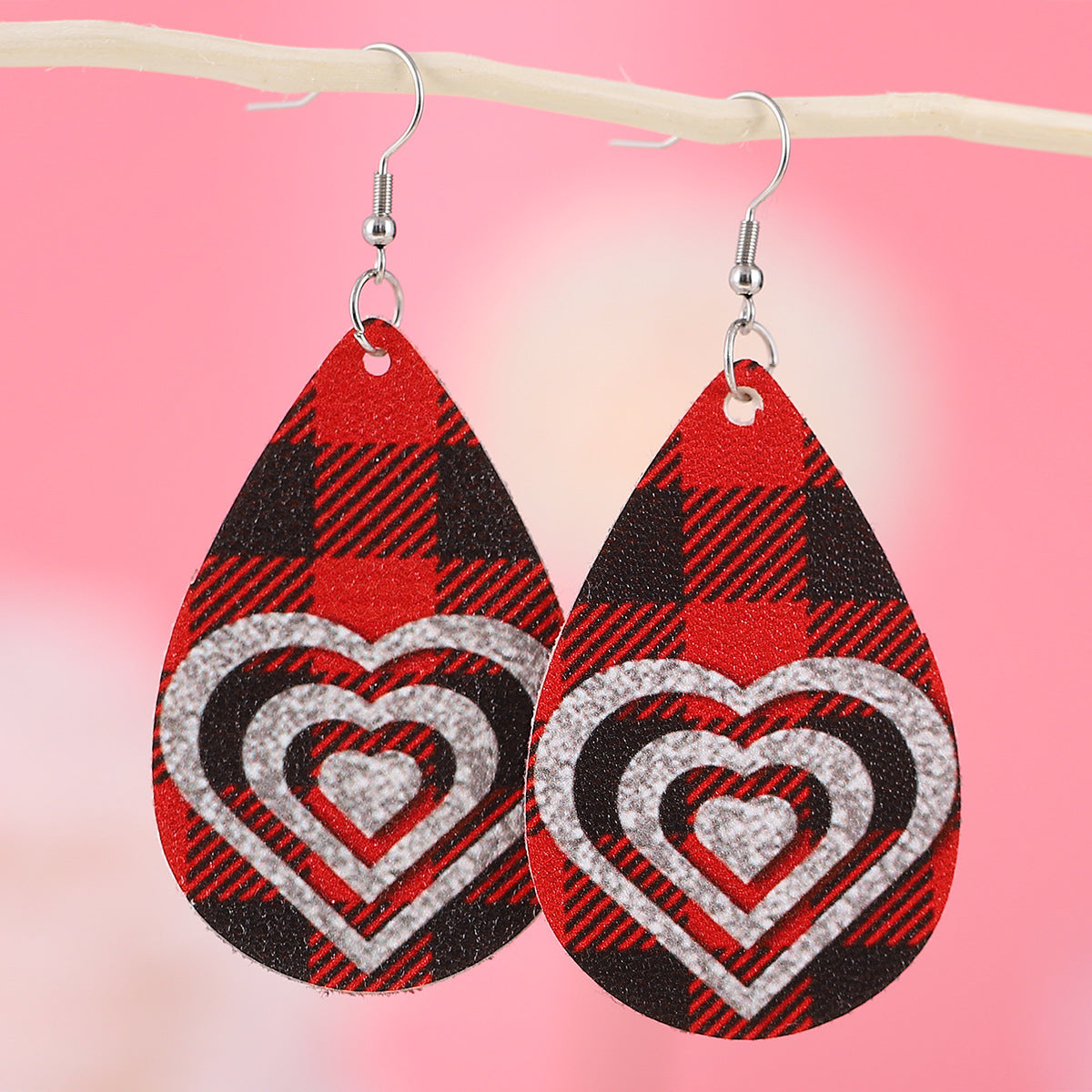 Wholesale Valentine's Day Plaid Love Water Drop Leather Double Sided Earrings