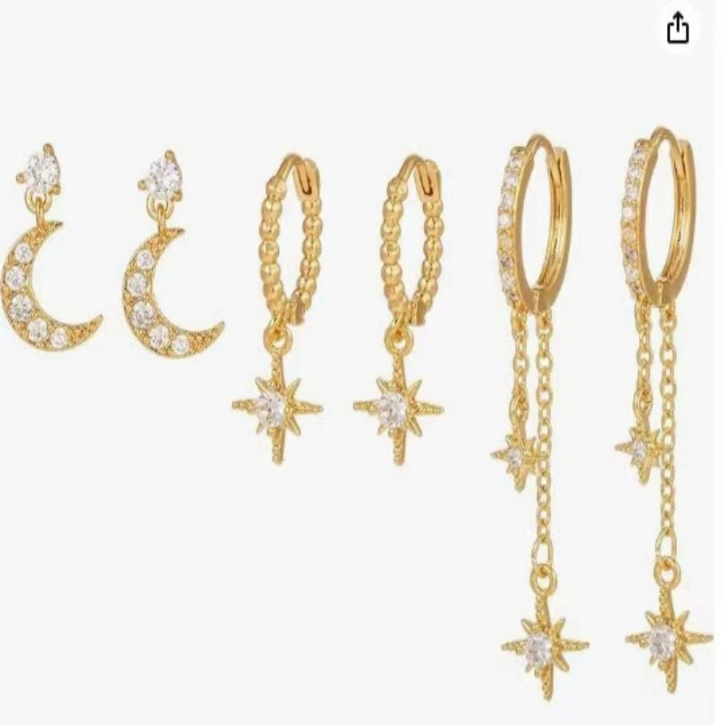 Wholesale Star Moon Zircon Asymmetric Copper Earrings Set ACC-ES-WuBen004