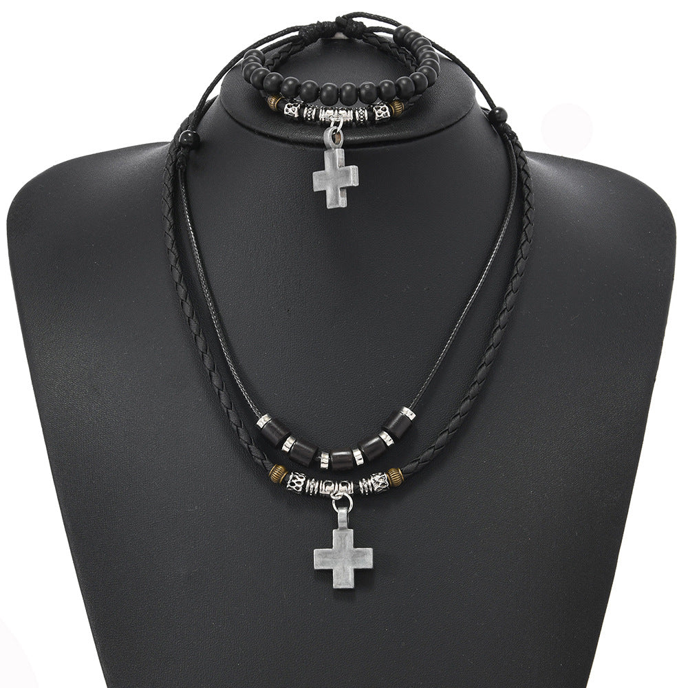 Wholesale Vintage Alloy Cross Wax Rope Sweater Chain Necklace Set
