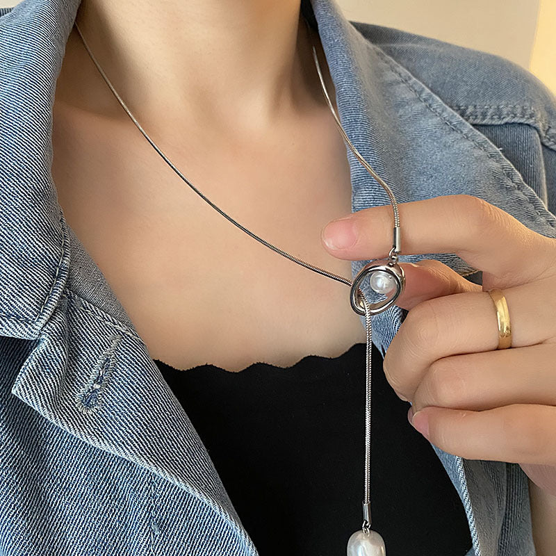 Wholesale Titanium Steel Pearl Extended Chain All-match Fashionable Simple Woolen Chain Advanced Necklaces