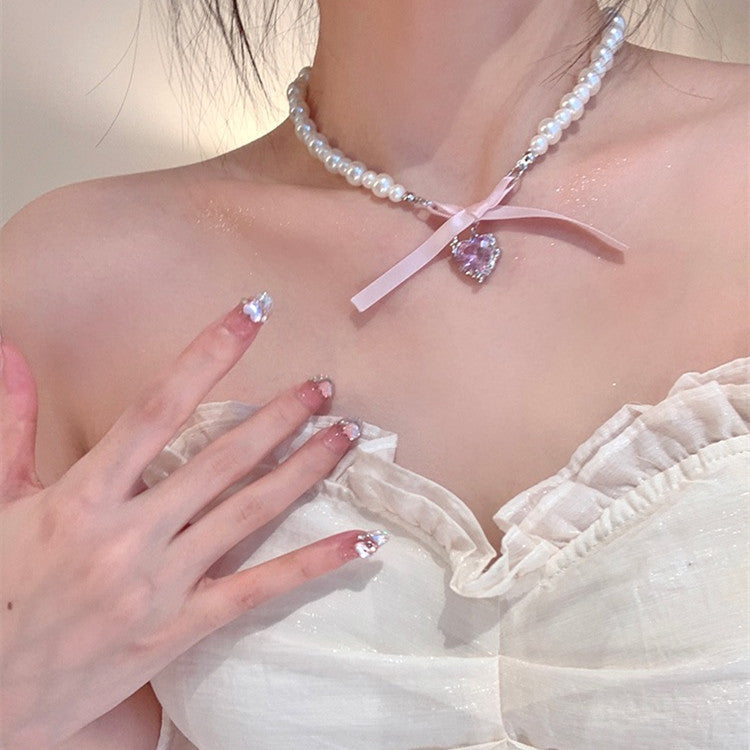 Wholesale  Pink Love Bow Pearl Necklace Female Clavicle Chain