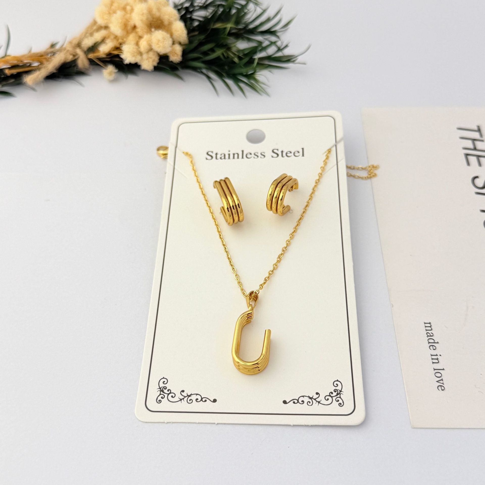 Wholesale Geometric Gold Plated Stainless Steel Necklace Earring Set for Party Boutique Jewelry