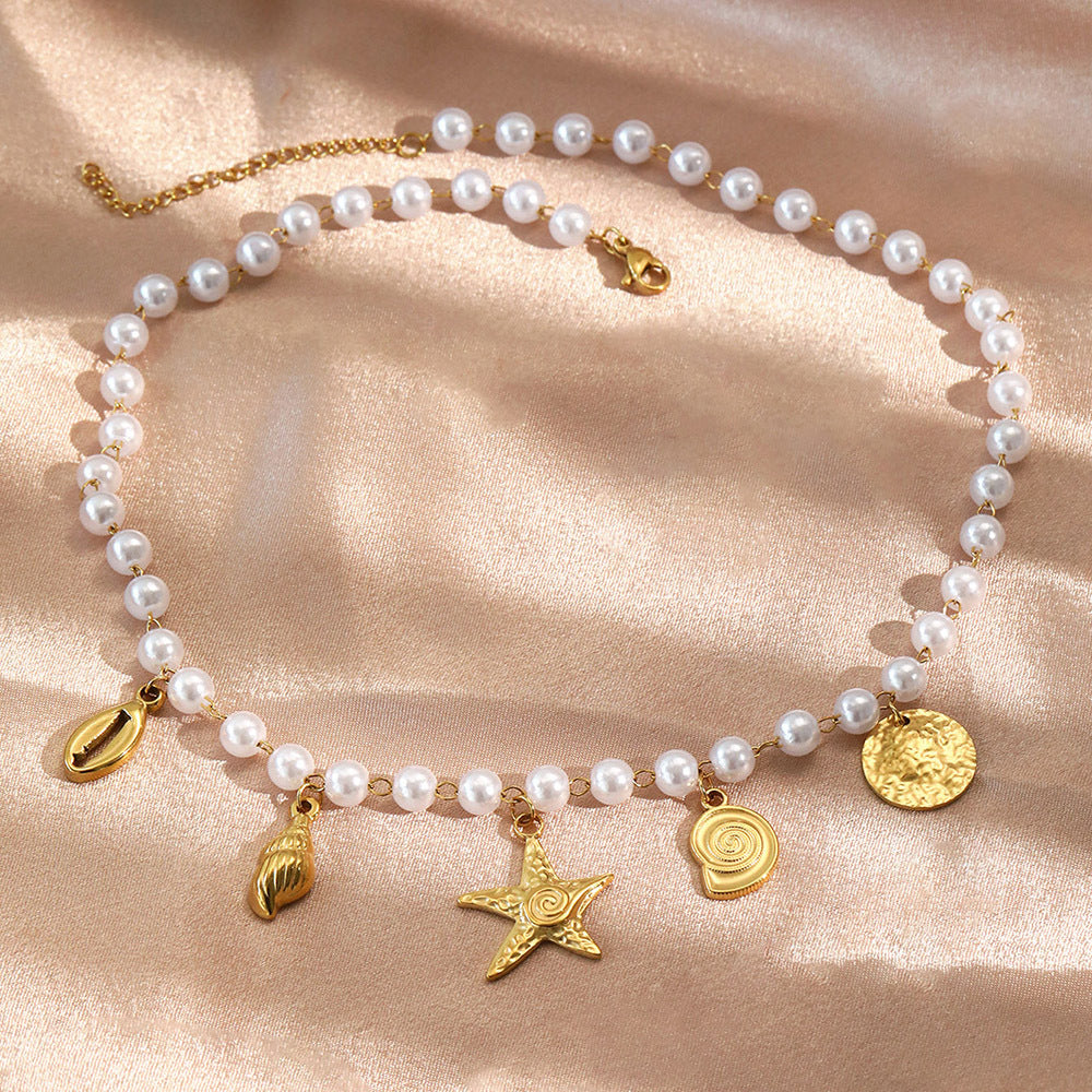 Wholesale Electroplated Stainless Steel Imitation Pearl Starfish Pendant Necklace Ocean Style Women S Fashion Jewelry Accessory For Resale