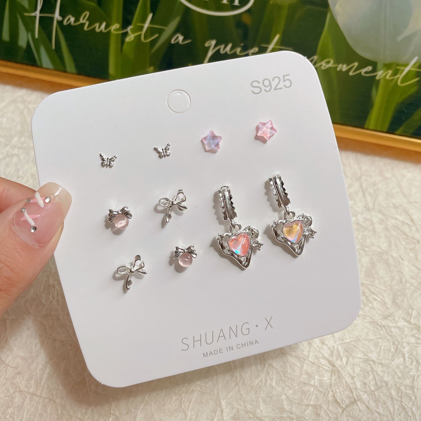 Wholesale Sweet and fresh silver needle small floral and fruit earrings