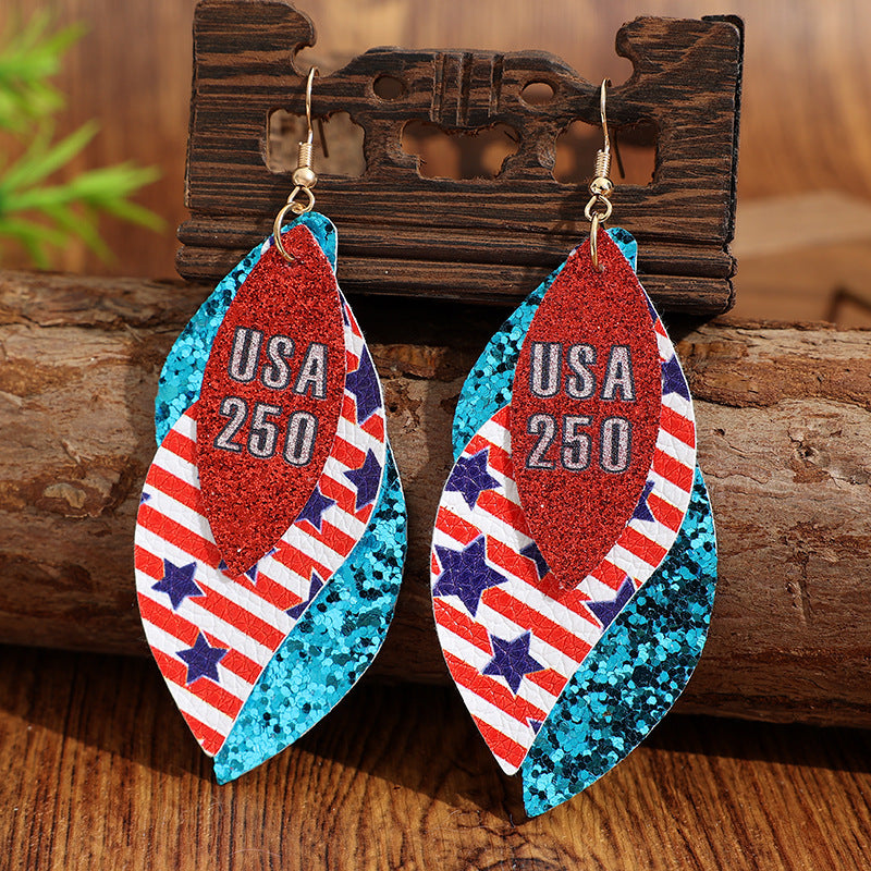 Wholesale Women' s Independence Day Leather Earrings with Teardrop and Stars ( for Women)  - Cross-border E-commerce from Europe and America ( Amazon)