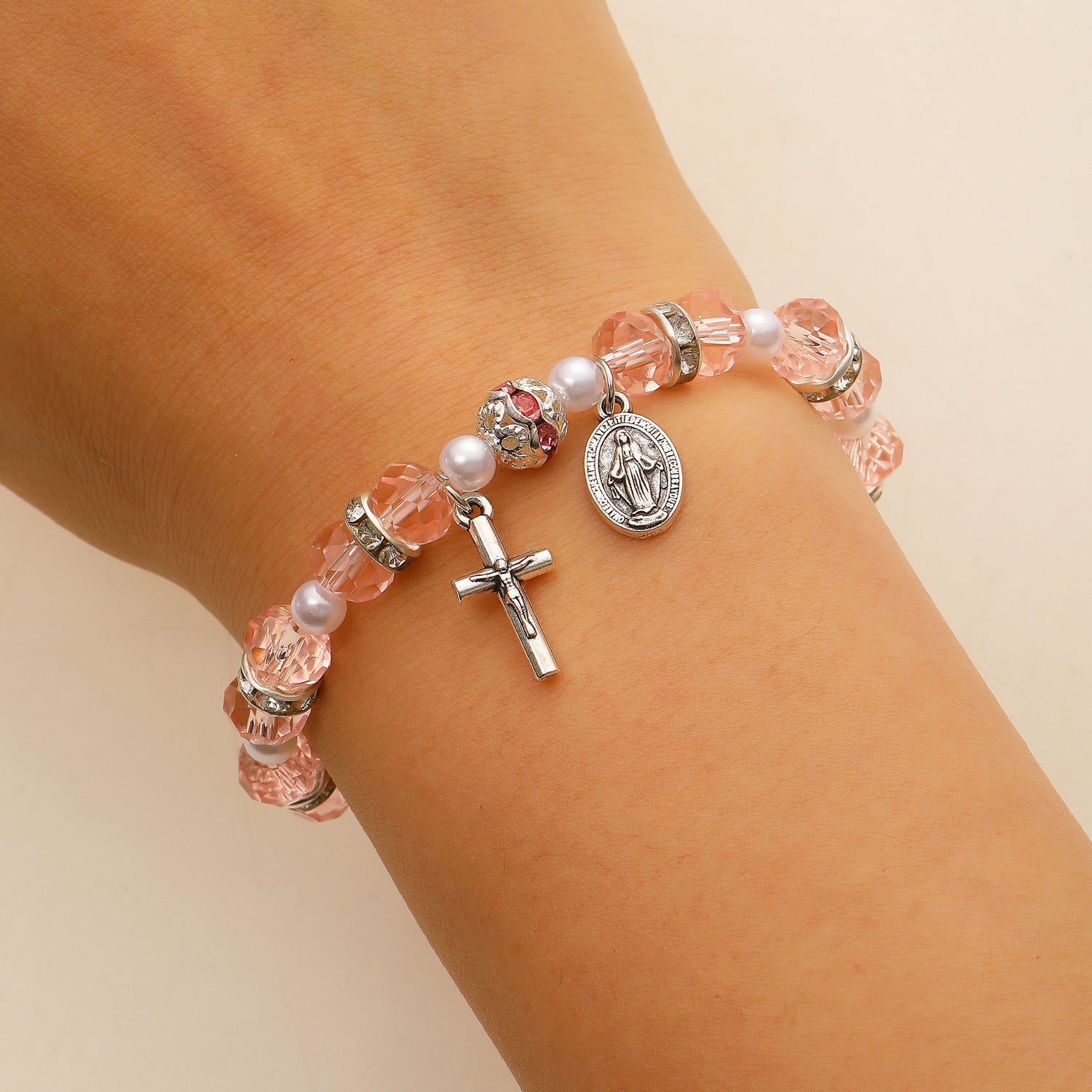 Wholesale Alloy man-made pearl beaded flower and cross Virgin Mary bracelet