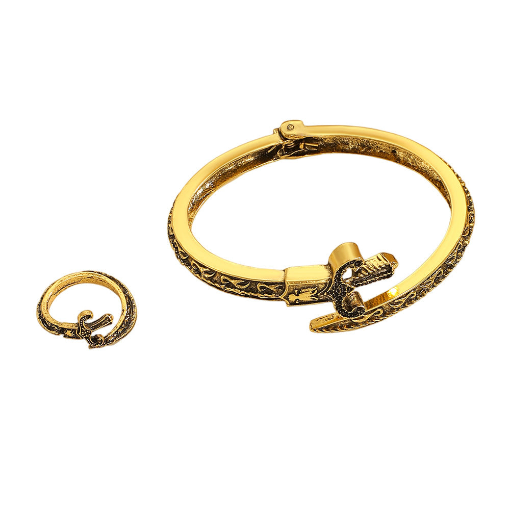 Wholesale Gothic Punk Men S Snake Sword Engraved Cuff Bracelet Ancient Gold Zinc Alloy Jewelry Gift