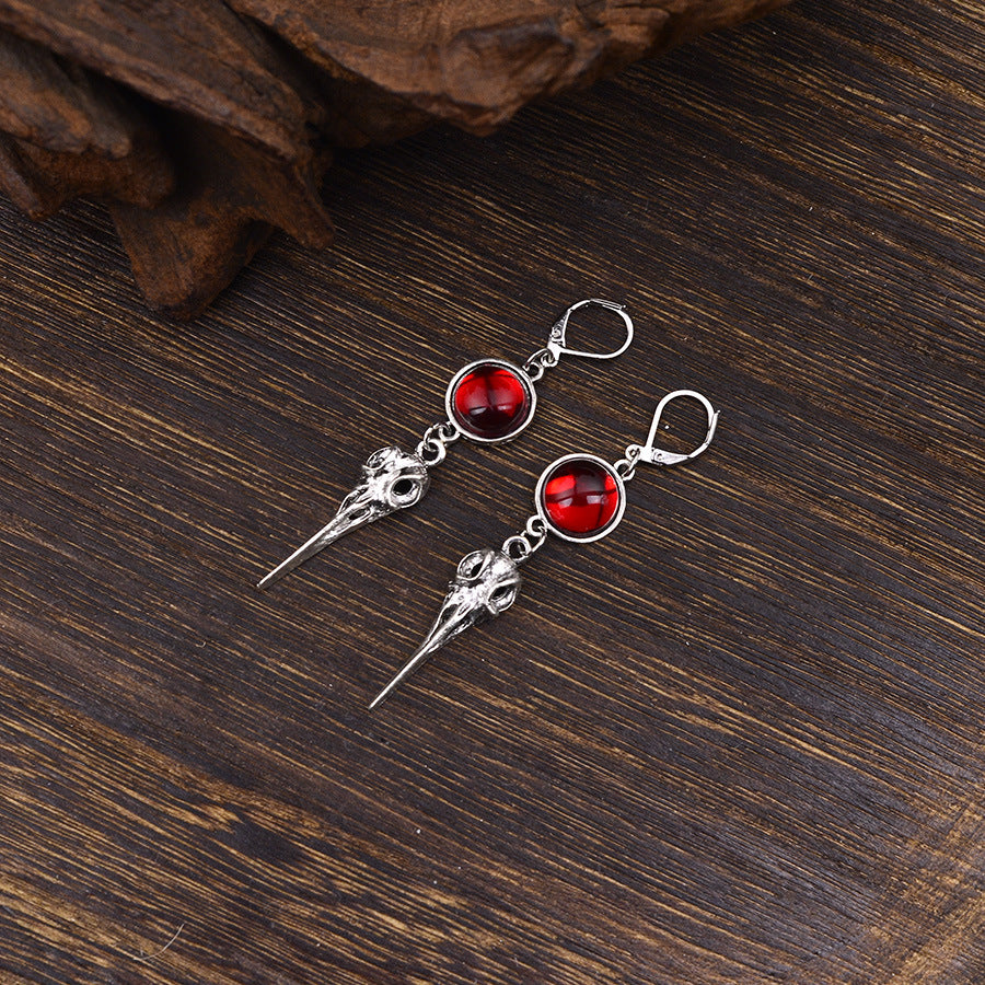 Wholesale Chic Gothic Crow Pendant Earrings Antique Silver Finish Ruby Red Accent  Fashion Jewelry Gift