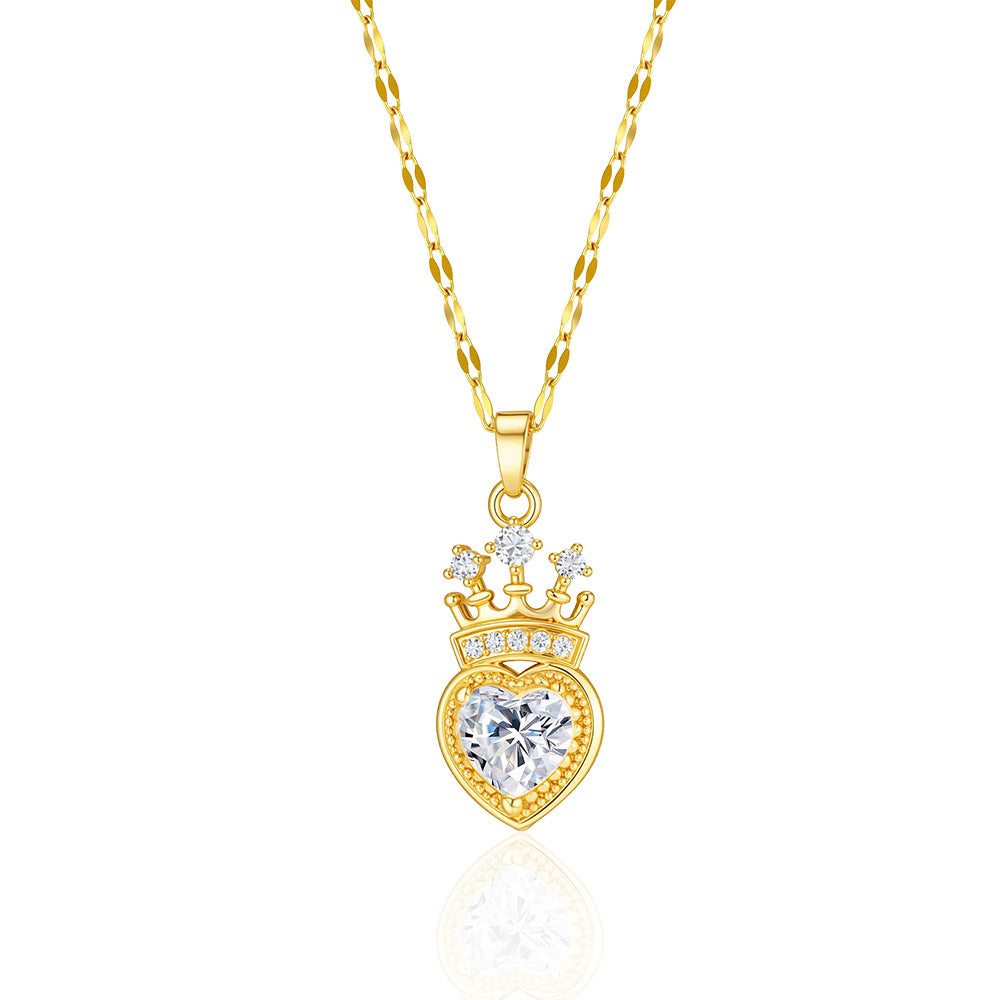 Wholesale Electroplated Zirconia Crown Heart Necklace Stylish Trendy Jewelry For Women