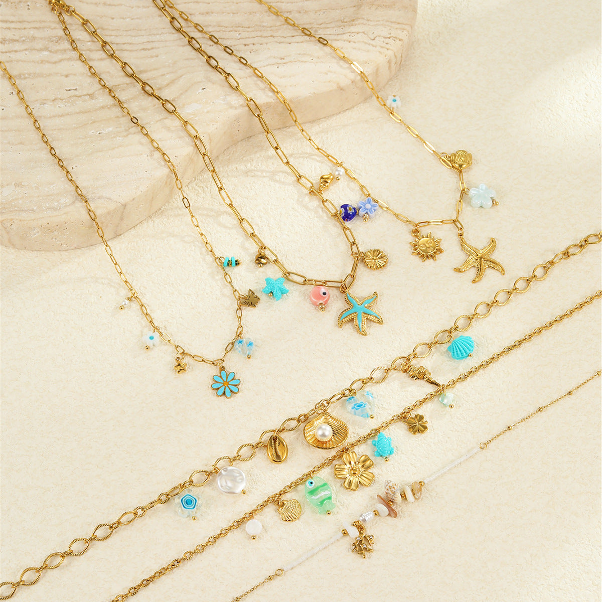 Wholesale  Summer Ocean Style Dopamine Dripping Oil Starfish Stainless Steel Necklace