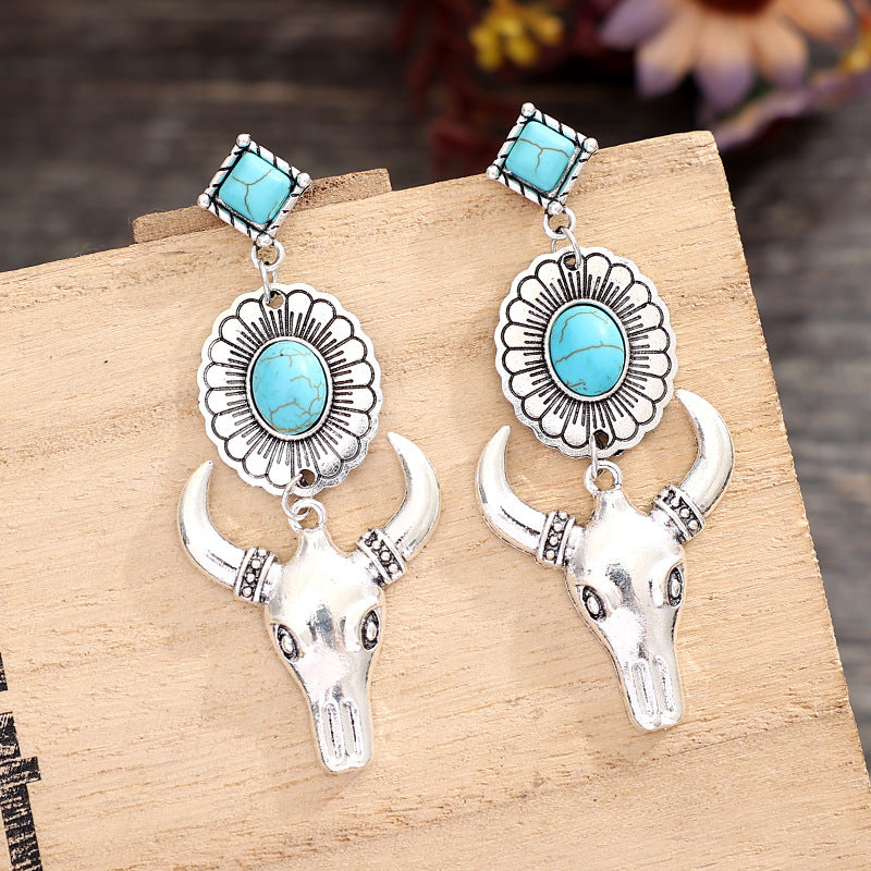 Wholesale Bohemian Cow Head Earrings Retro Denim Turquoise Design Fashion Accessory Gift Boutique Resale