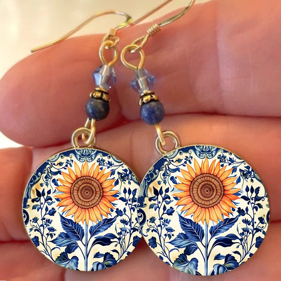 Wholesale Blue Porcelain Floral Sunflower Stud Earrings Fashion Jewelry Accessory Vintage Boutique Resale
