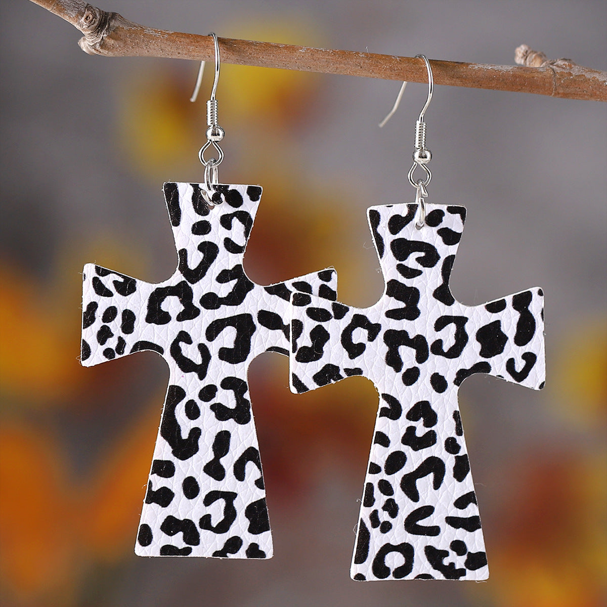 Wholesale  turquoise cow pattern cross water drop PU double-sided  earrings