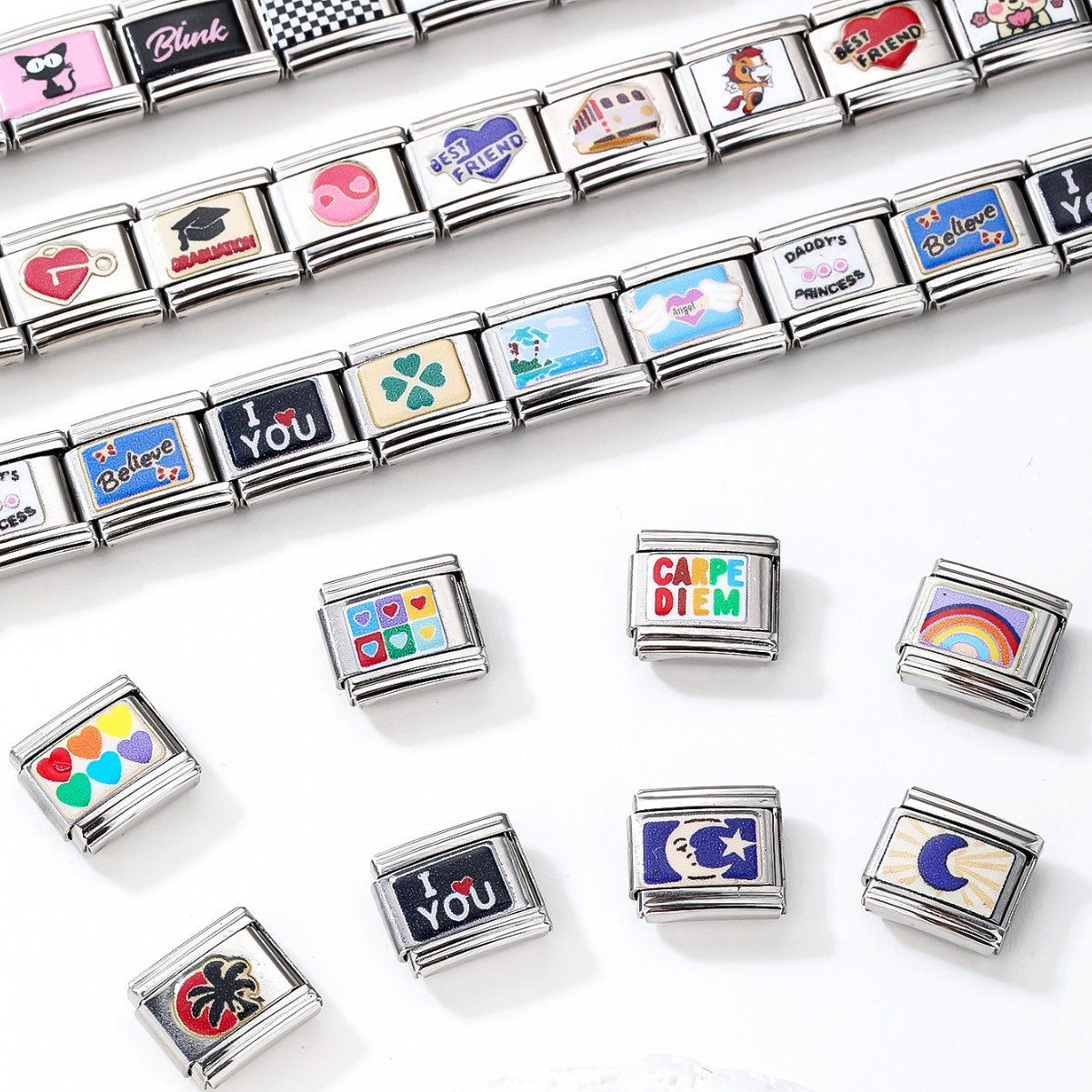 Wholesale 10pcs Italian Charm Bracelet 9mm DIY Splicing Car Logo Heart Moon Stainless Steel Composable Bracelet