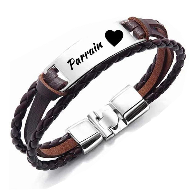 Wholesale Leather Steel Plate Bracelet,  Black Woven Steel Plate with Engraved Text,  Stainless Steel Tongue Clasp Leather Bracelet,  Three-Layer Leather Steel Plate Bracelet