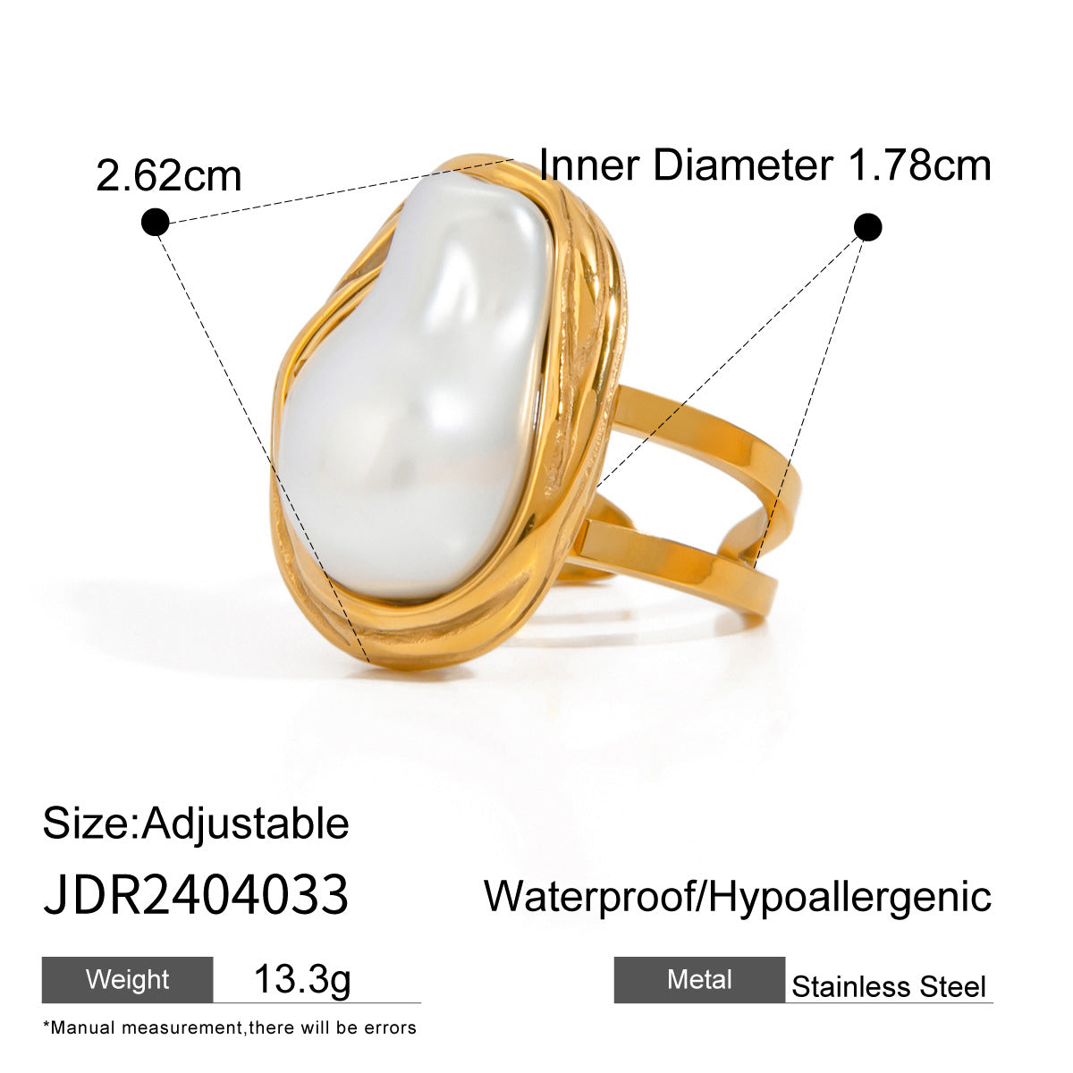 Wholesale 18k gold stainless steel baroque pearl opening ring