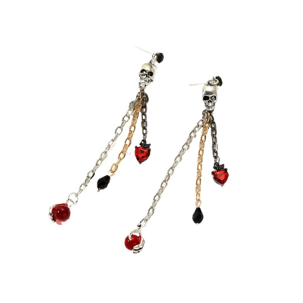 Wholesale Stylish Ancient Silver Zinc Alloy Skull Earrings with Red Heart Gem Tassel Fashion Accessory