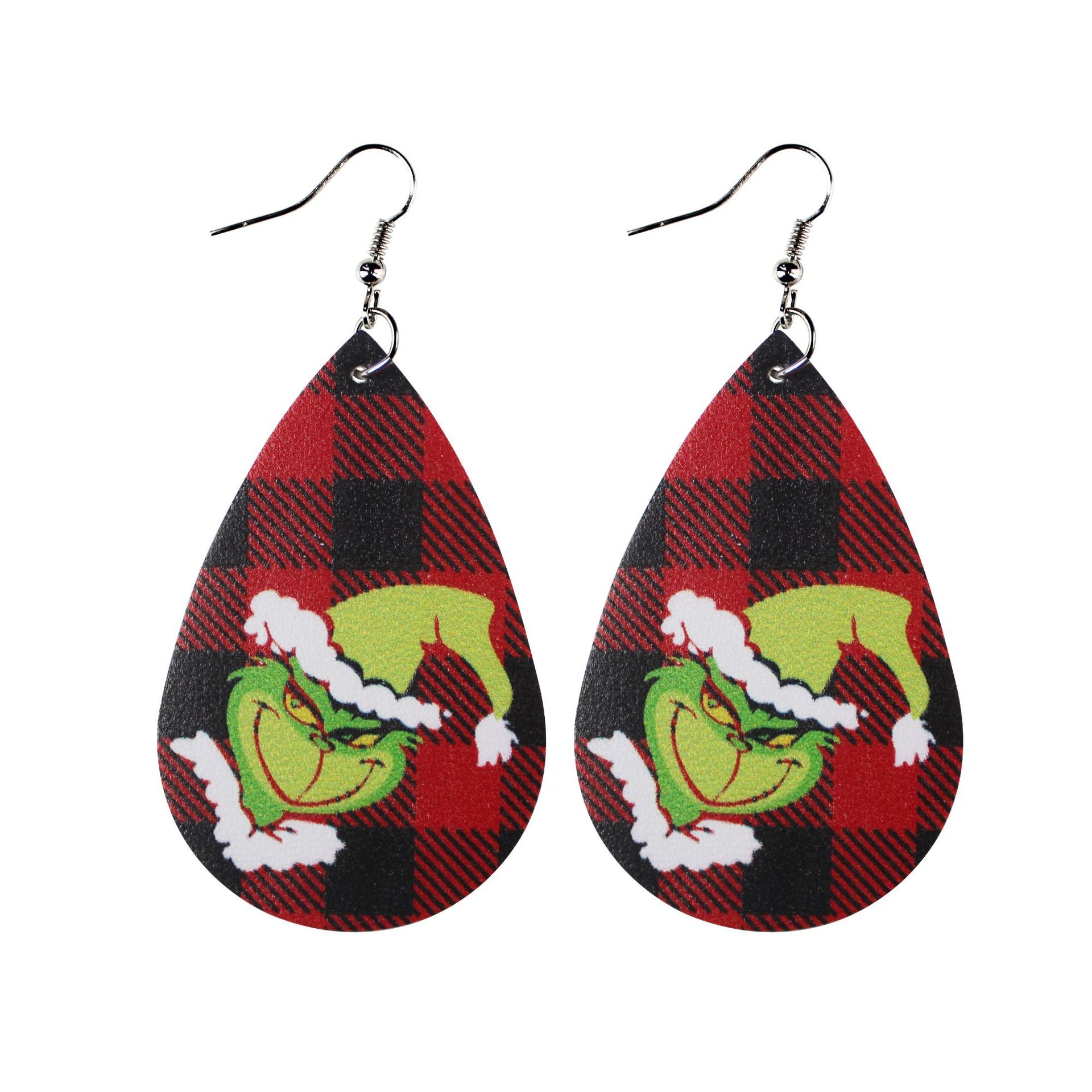 Wholesale Christmas Leather Double-sided Printing Composite Striped Plaid  Earrings