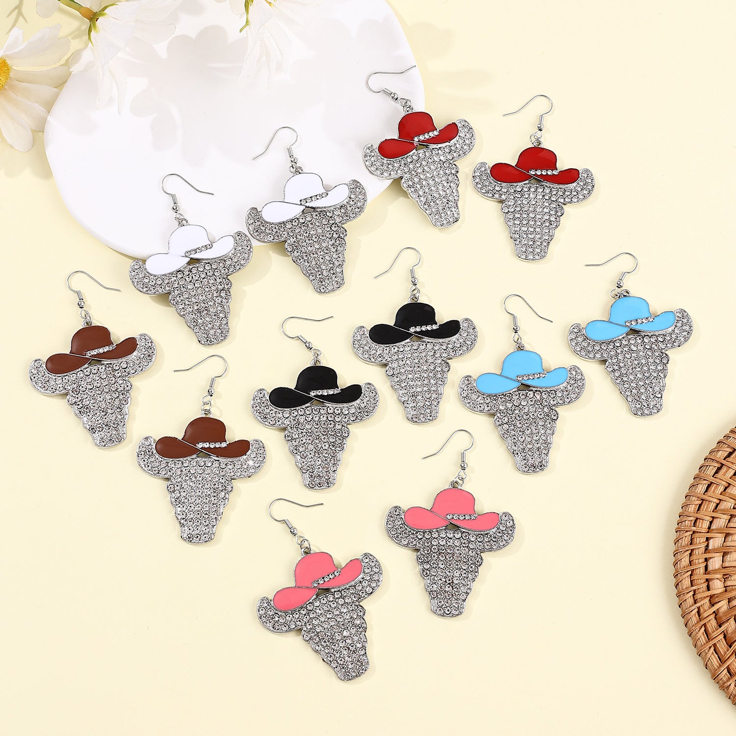 Wholesale  creative western cow's head diamond pendant earrings