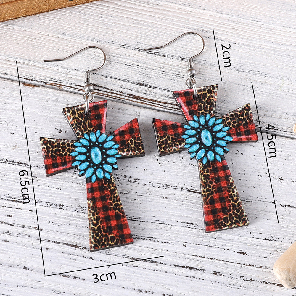 Wholesale Western Style Leopard Plaid Turquoise Cross Pendant Wood Earrings ACC-ES-ChuLian083