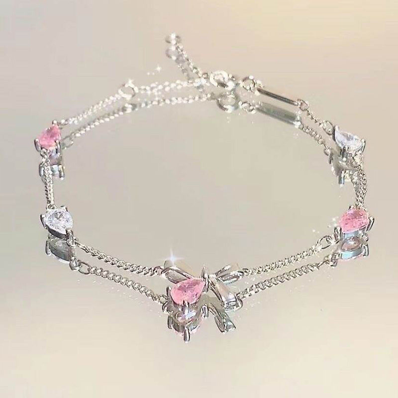 Wholesale Pink Cherry Blossom Bowknot Zircon Bracelet Alloy Fashion Jewelry Boutique Resale