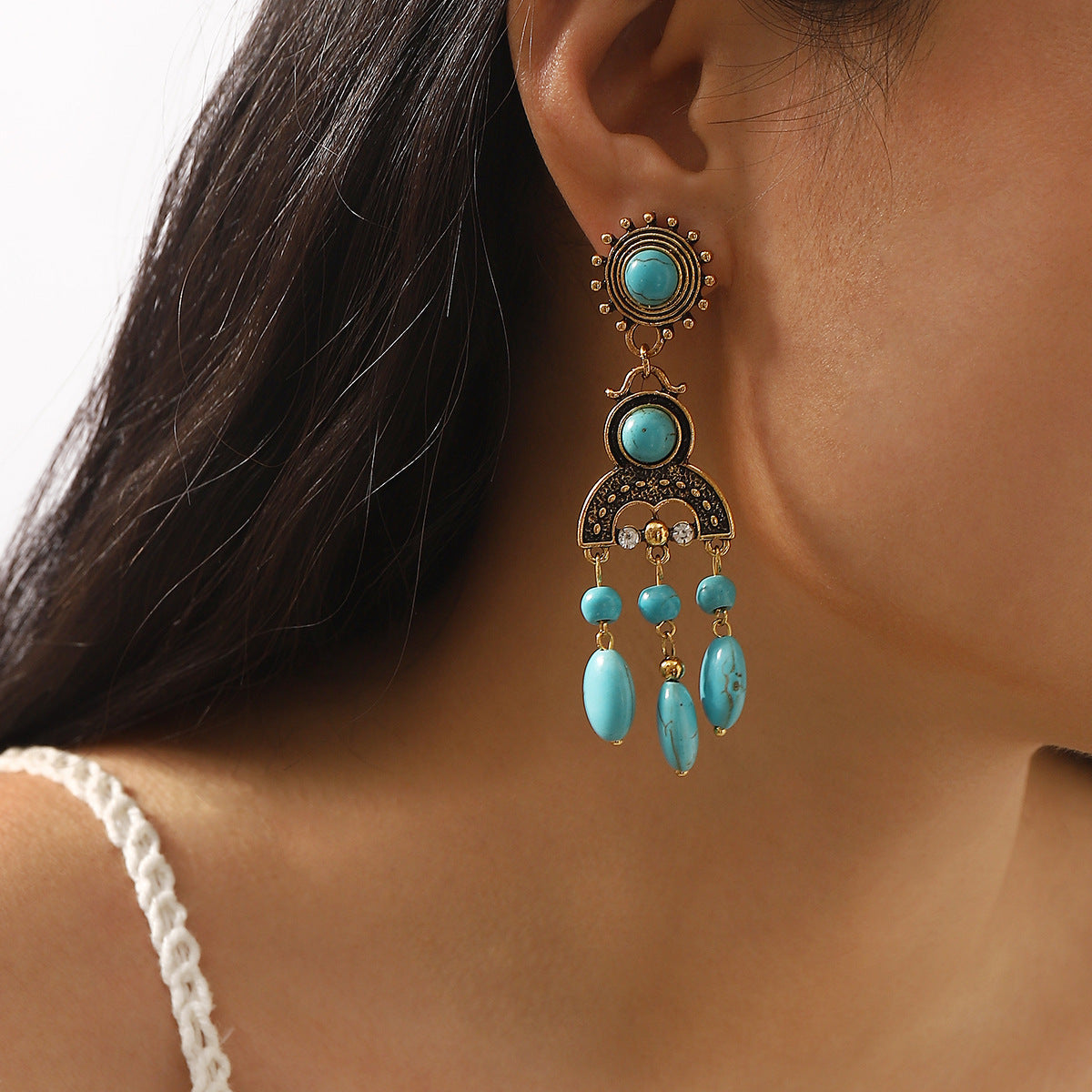 Wholesale  Ethnic Style Turquoise Tassel Earrings Personalized Retro Elegant Palace Style Earrings Earrings