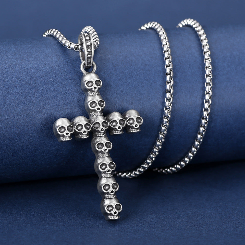Wholesale Punk Style Diablo Skull Cross Pendant Men's Titanium Steel Hip-Hop Necklace