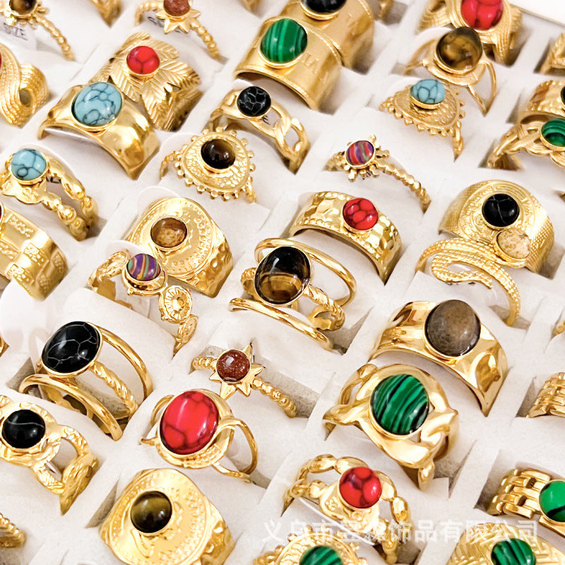 Wholesale  10pcs/set  retro ring  natural stone stainless steel ring