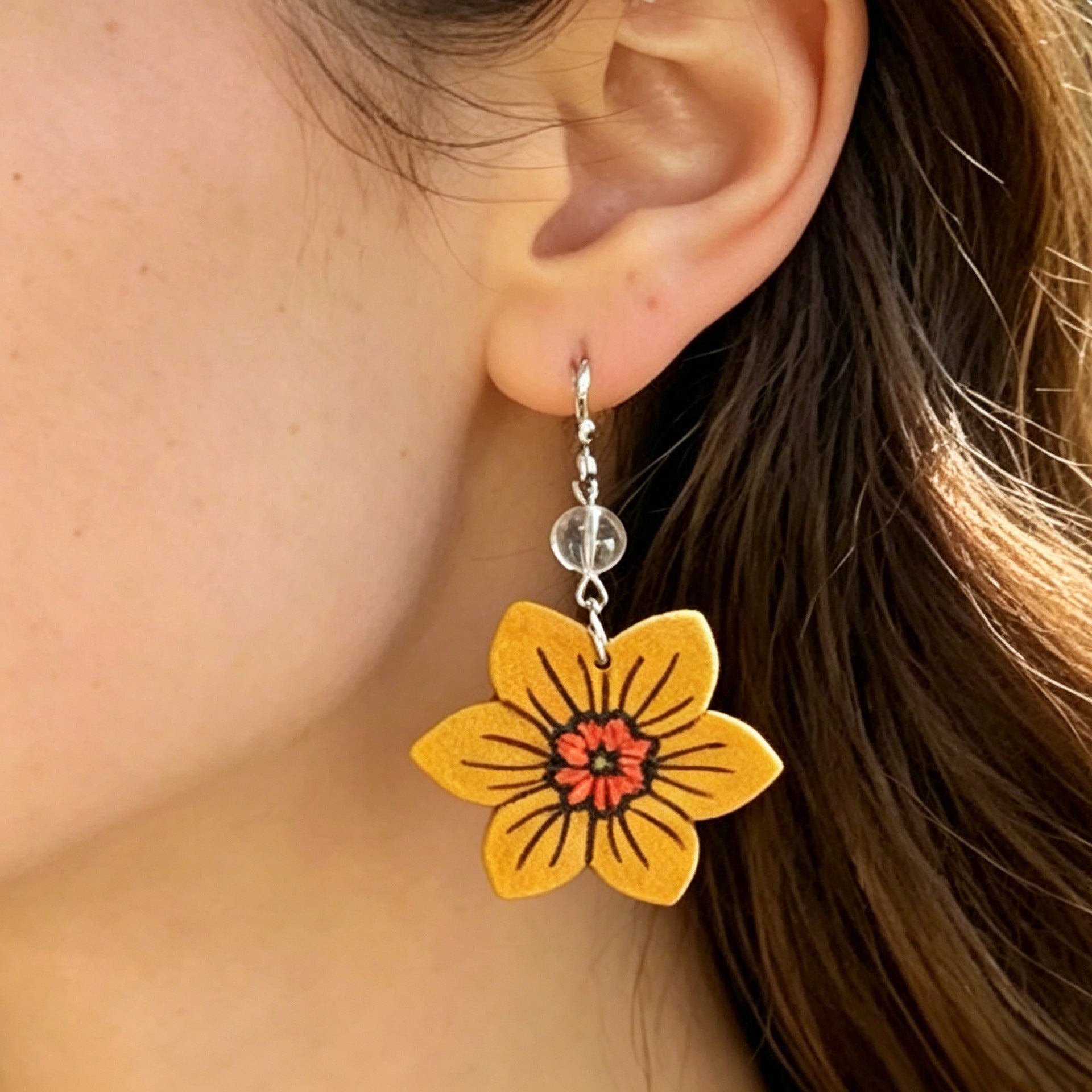 Wholesale Retro Yellow Floral Wooden Earrings with Transparent Beads - Jewelry Accessory for Boutique Resale