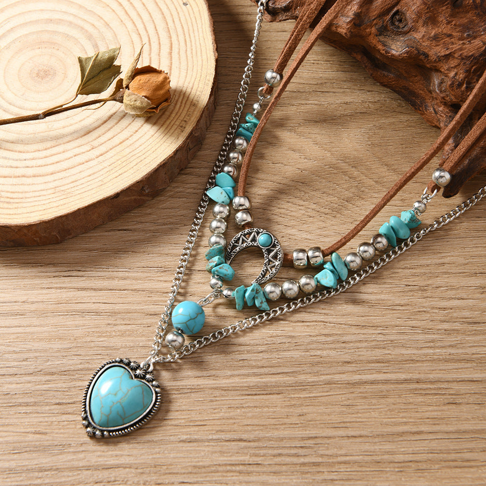 Wholesale Vacation Seaside Ladies Style Turquoise Clavicle Chain Niche Beaded Necklace Set Ethnic Style Heart