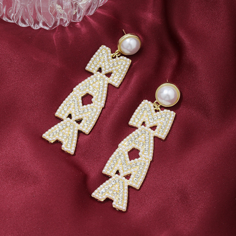 Wholesale Mother's Day Creative Letter Alloy  Diamond-inlaid Pearl Earrings