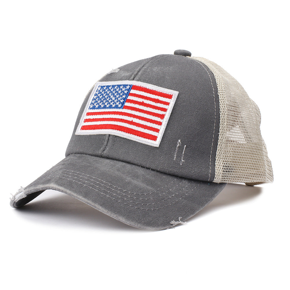 Wholesale Washed Ripped Mesh Cap Independence Day American Flag Embroidered Baseball Cap