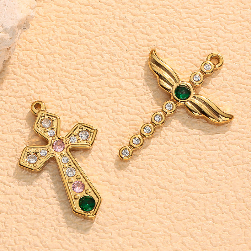 Wholesale Stainless steel gold-plated cross with diamond setting charms