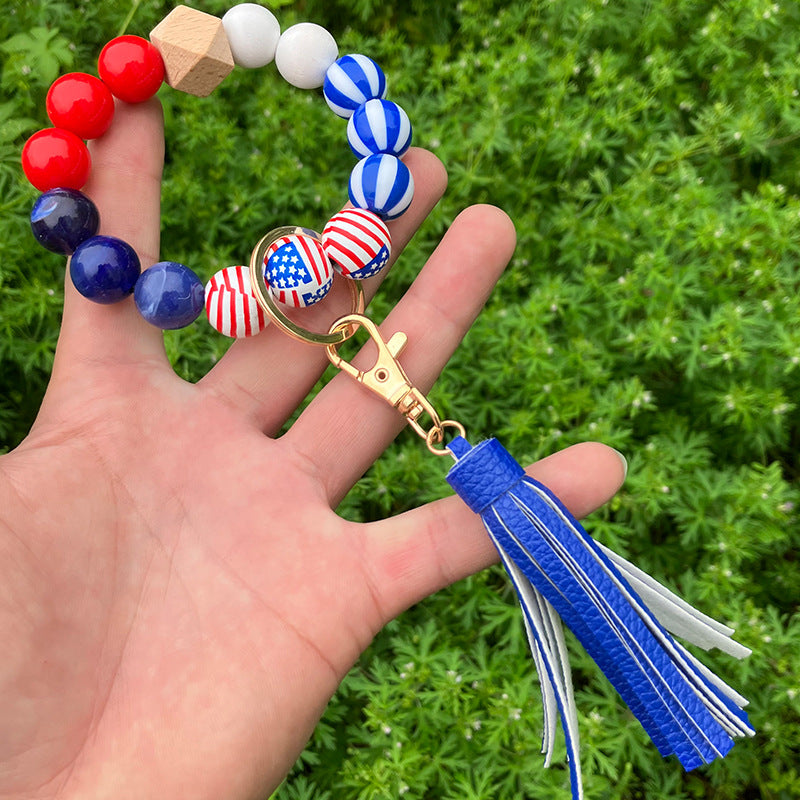 Wholesale American Independence Day Wooden Beads Tassel Wristlet Keychain ACC-KC-QiuXue013