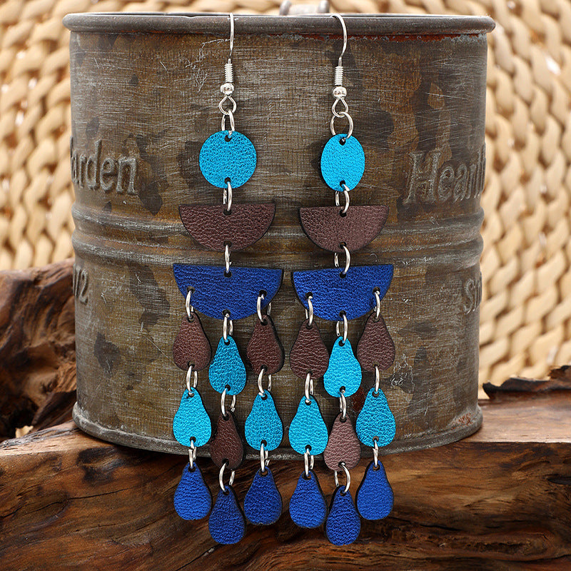 Wholesale  Bohemian Style Whole Feather Shape Small Leaf Light Blue Dark Blue PU Leather Earrings