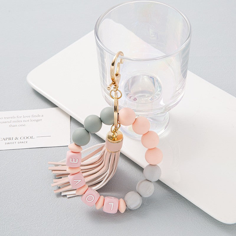 Wholesale Silicone LOVE Pink Tassel Keychains Bracelet