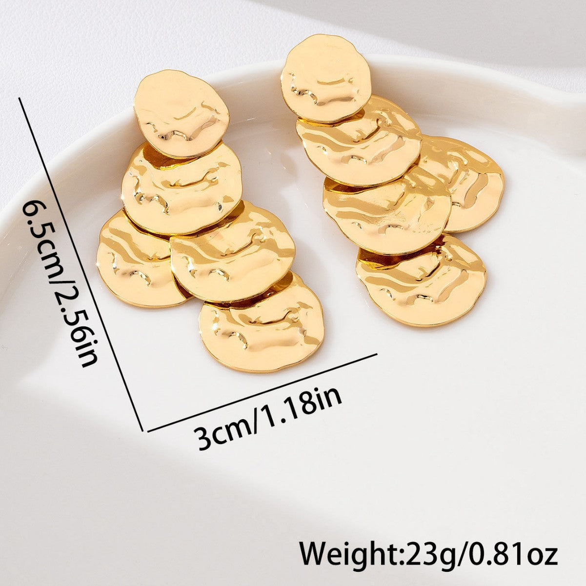 Wholesale Trendy Gold Tone Hammered Round Disc Drop Earrings Long Statement Earrings For Everyday Wear And Boutique Resale