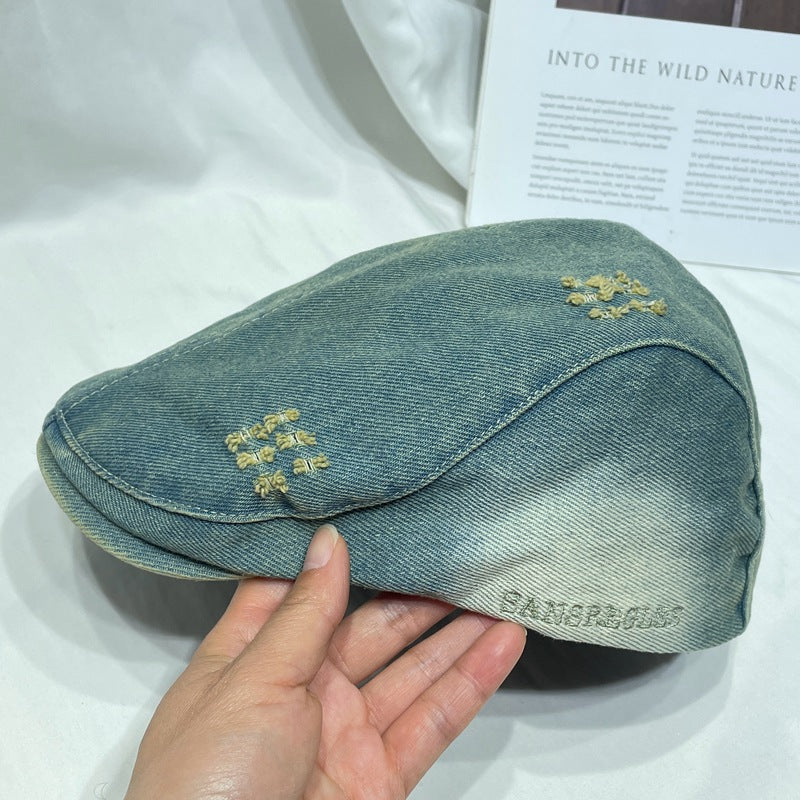 Wholesale  Vintage Washed Old Denim Hole Forward Cap Berets