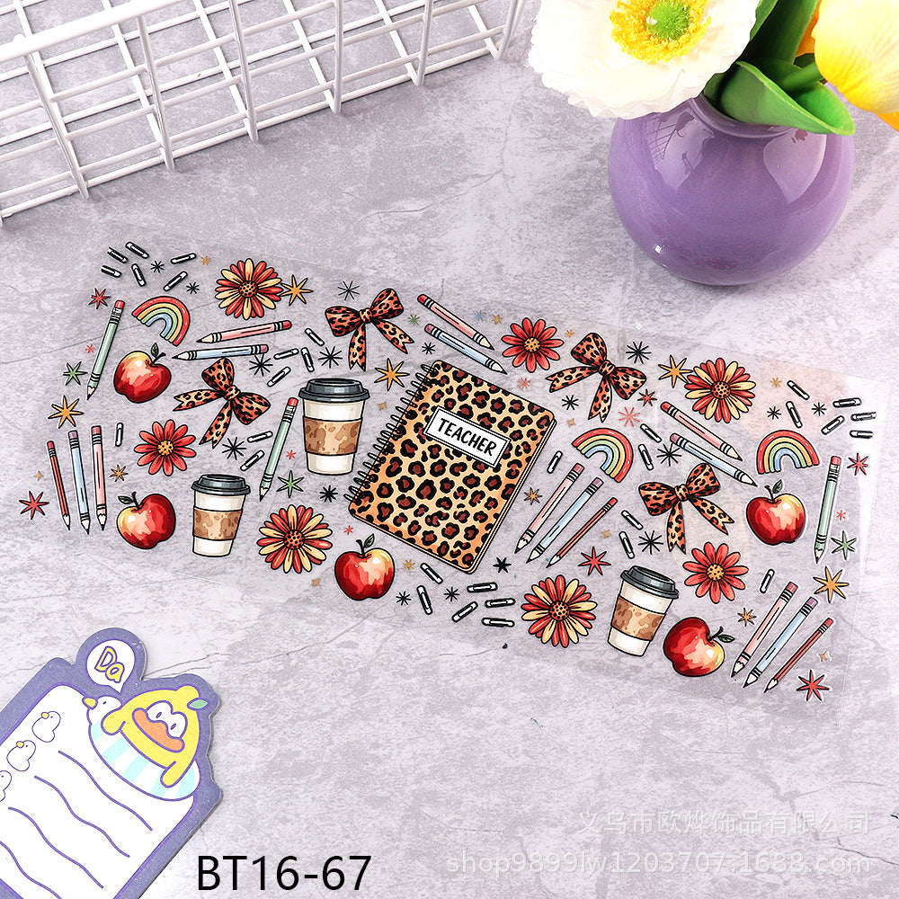 Wholesale Cartoon pencil medical UV transfer stickers crystal stickers tear film leave word crystal stickers 16oz glass stickers