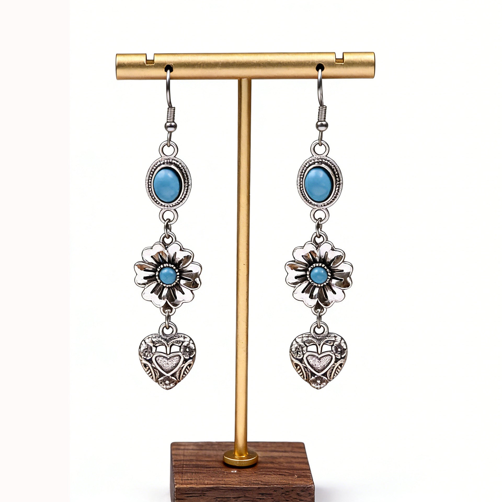 Wholesale Vintage Bohemian Elegant Distressed Texture Floral Heart Pendant Earrings with Turquoise Long Tassel Ear Jewelry