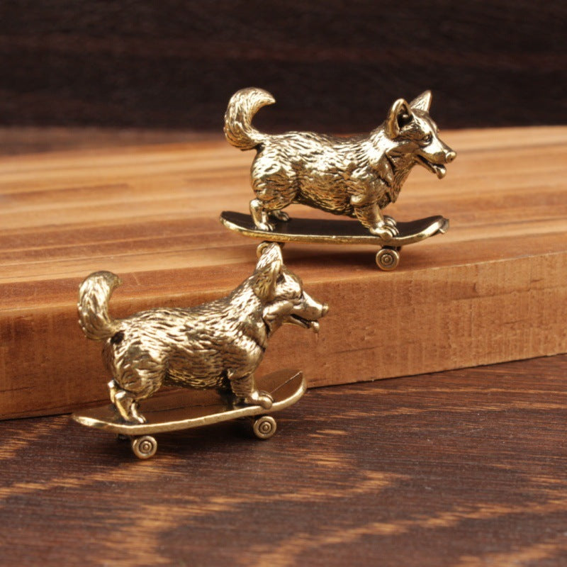 Wholesale Brass Skateboard Dog Figurine Chinese Zodiac Ornament for Resale Home Decor