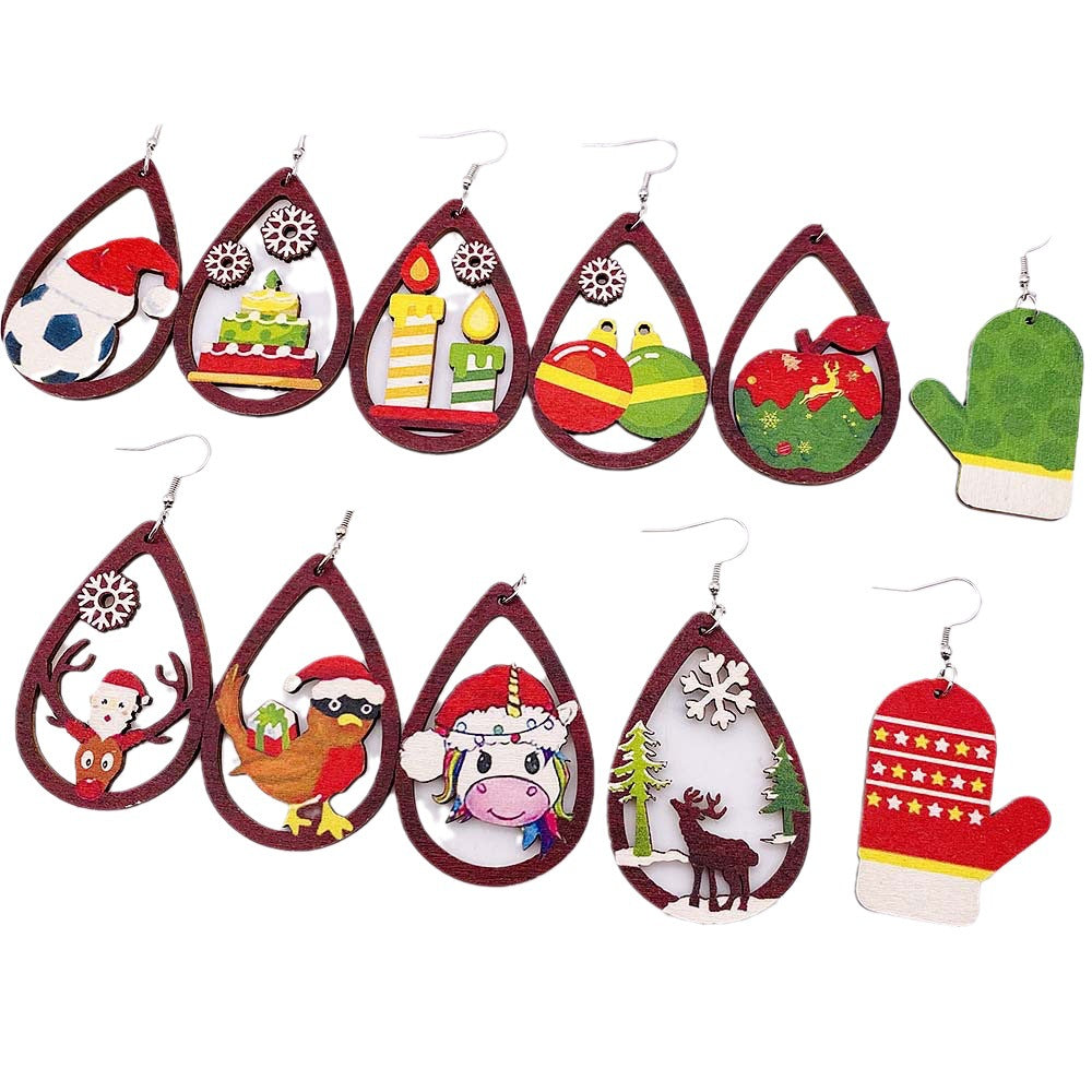 Wholesale Christmas Series Earrings Christmas Hat Football Gloves Bell Printed Wooden Earrings