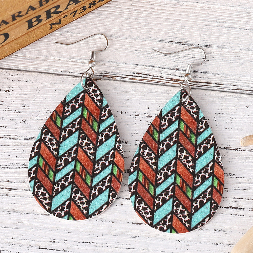 Wholesale Western Ethnic Dairy Leopard Geometric Pattern Water Drop Pendant Earrings
