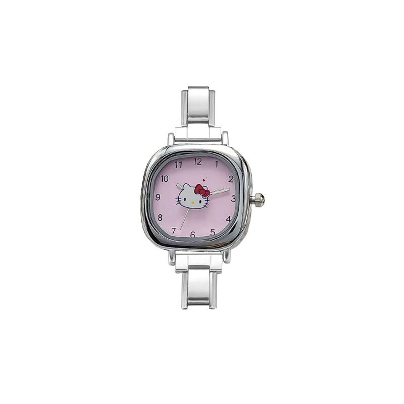 Wholesale Waterproof Square Quartz Watch with Stainless Steel Band and Cartoon Cat Design,  Everyday Fashion Accessory for Students
