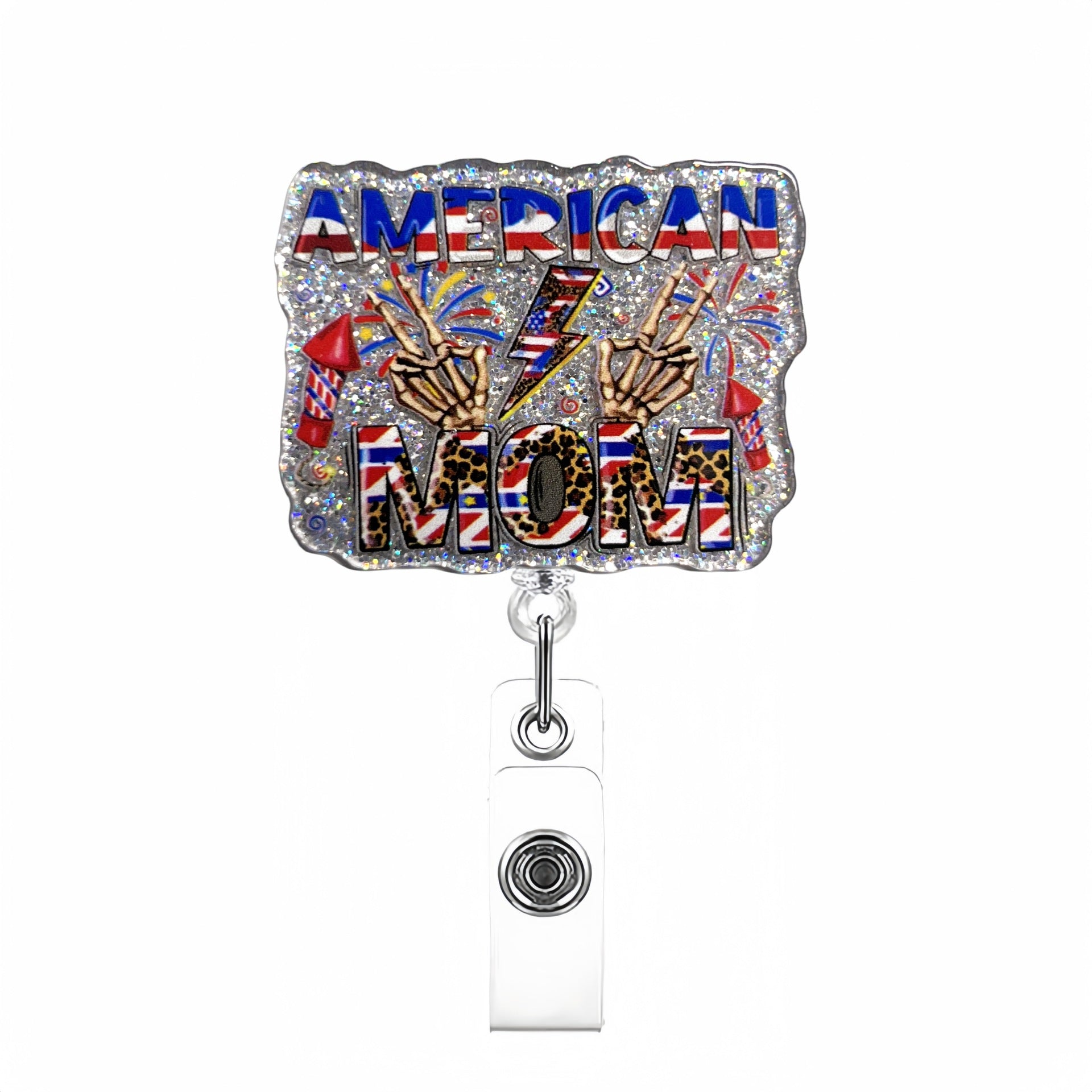 Wholesale Acrylic Glitter Independence Day Badge Reels Keychains