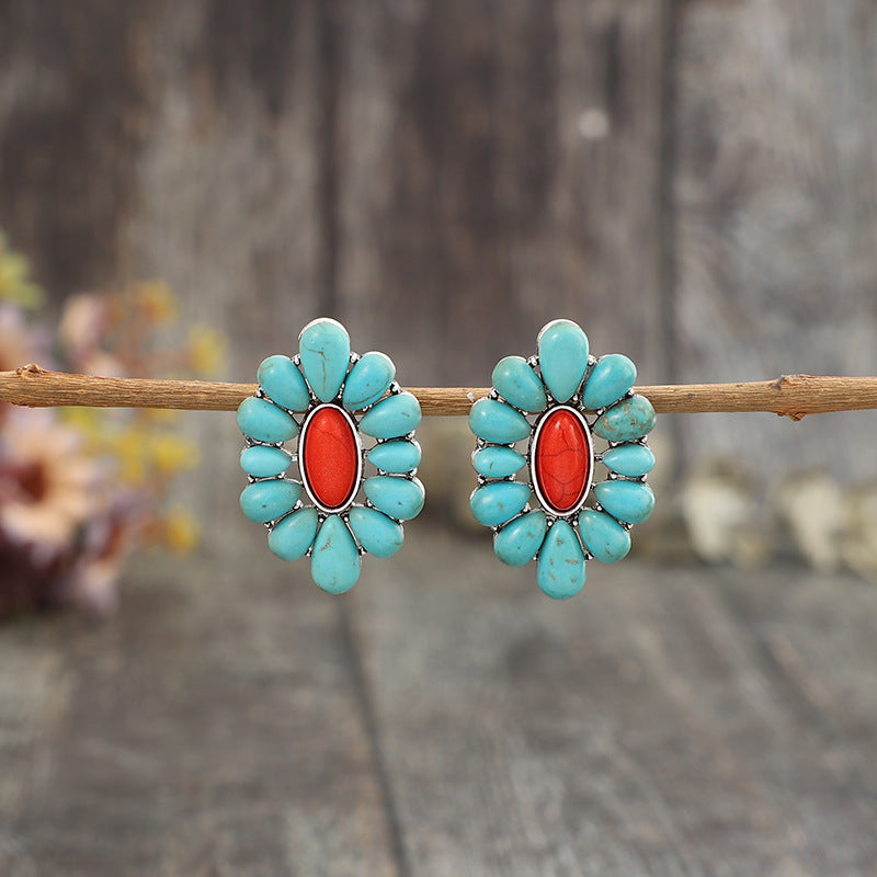 Wholesale Retro Bohemian Alloy Turquoise Floral Earrings Jewelry Accessory Gift